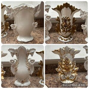 Set of 4 Antique Victorian 1800s French Porcelain White & Gold Gild Spill Vases